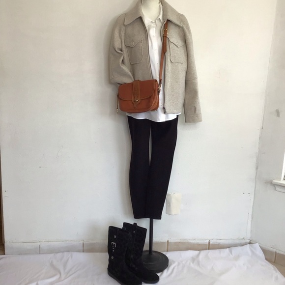 Avec Les Filles Women Tan Light Gray Lapel Collar Pea Coat Jacket SZ M - Picture 5 of 13